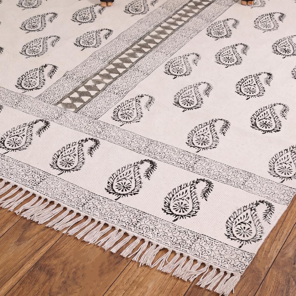 Cotton  Block Printed Rugs - Color: Natural