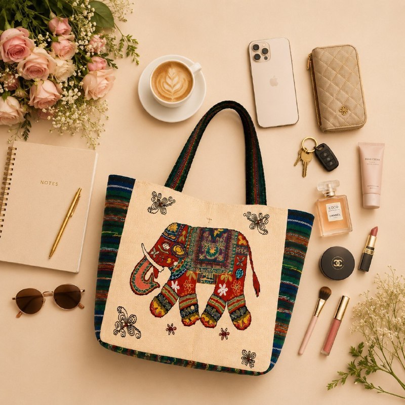 Elephant Print Woven Tote Bag