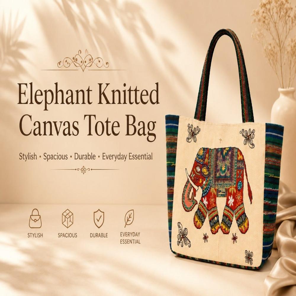 Elephant Print Woven Tote Bag