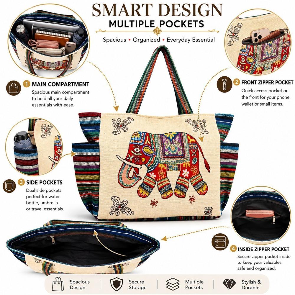 Elephant Print Woven Tote Bag