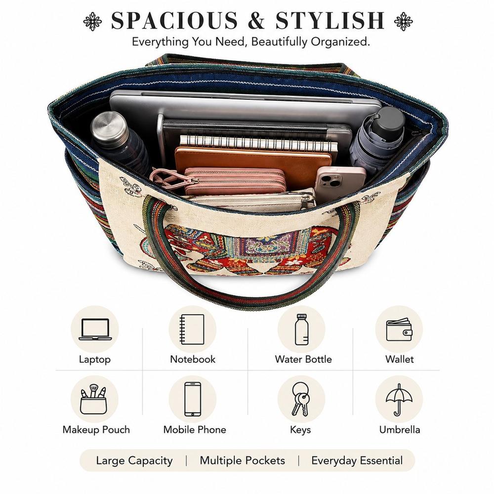 Elephant Print Woven Tote Bag