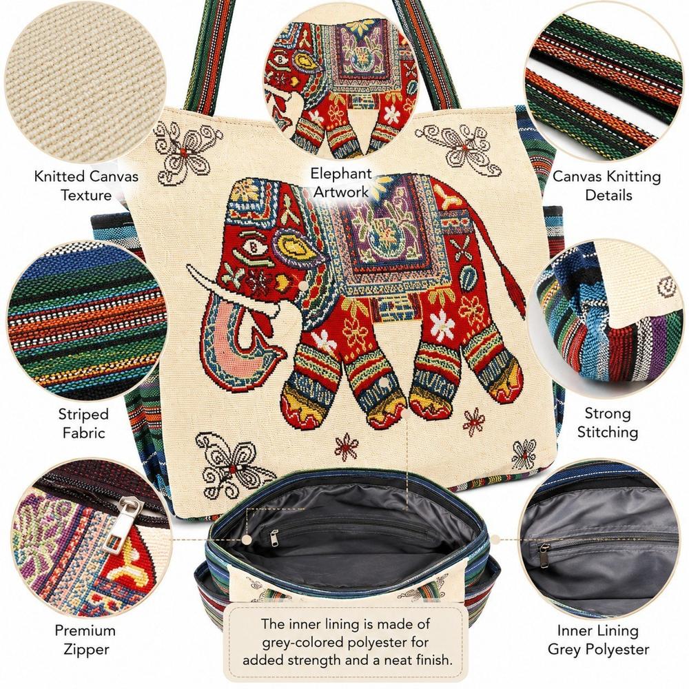 Elephant Print Woven Tote Bag