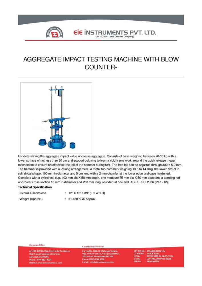 Aggregate Impact Value Testing Machine - Application: Road Construction