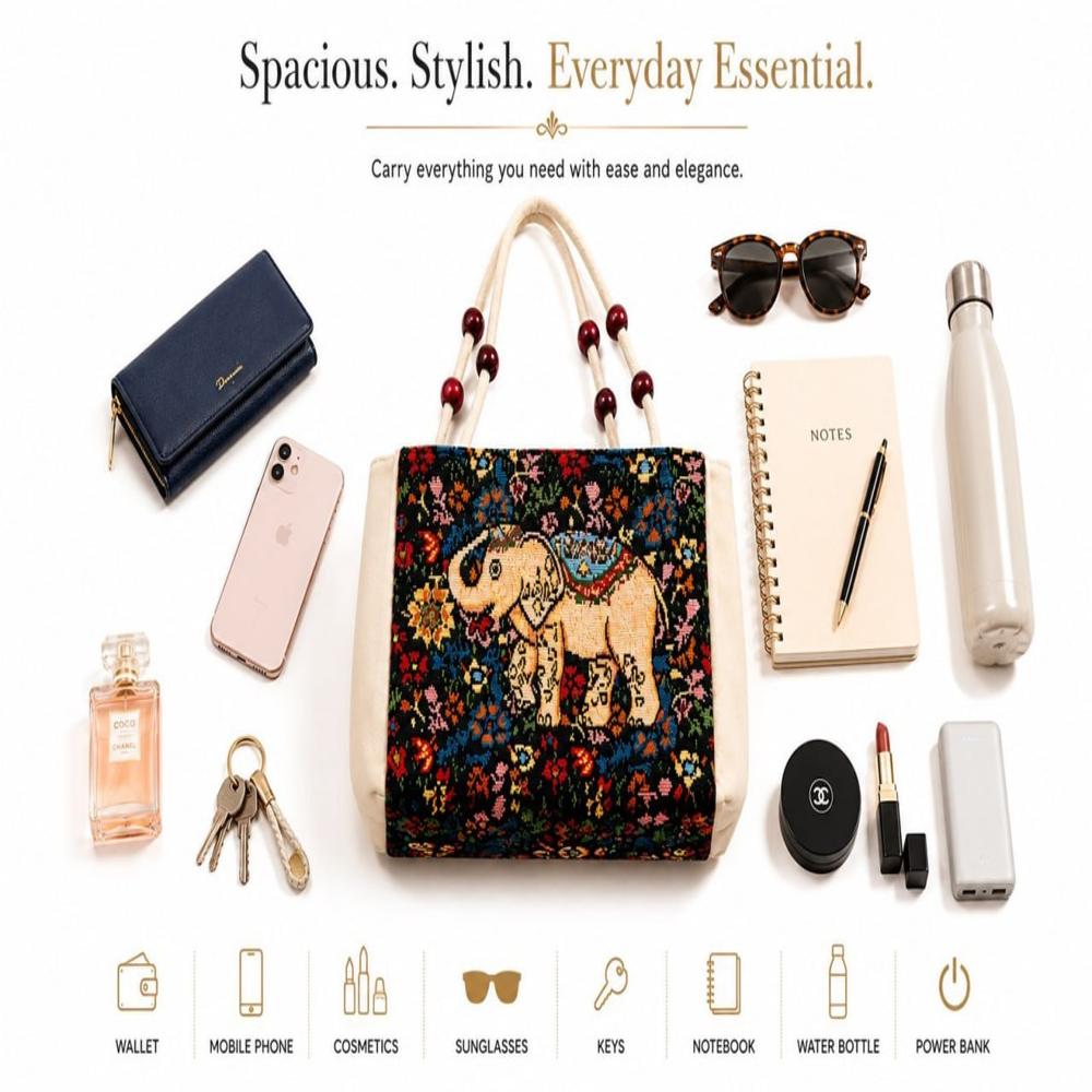 Elephant Print Woven Tote Bag