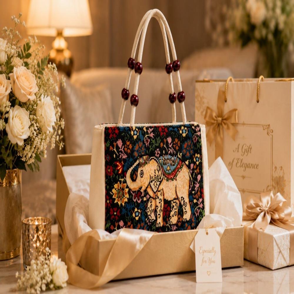 Elephant Print Woven Tote Bag