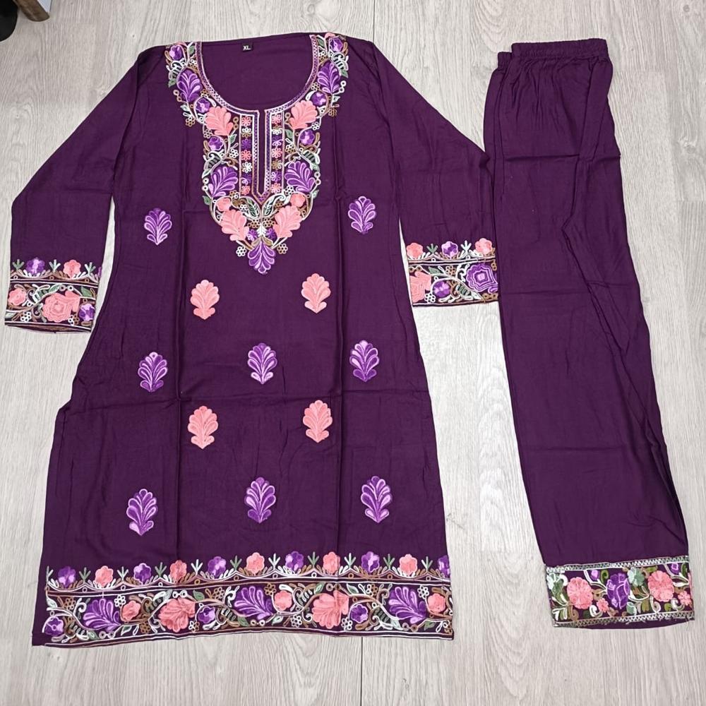 Purple Floral Embroidered Kurta Set - Bust Size: 40