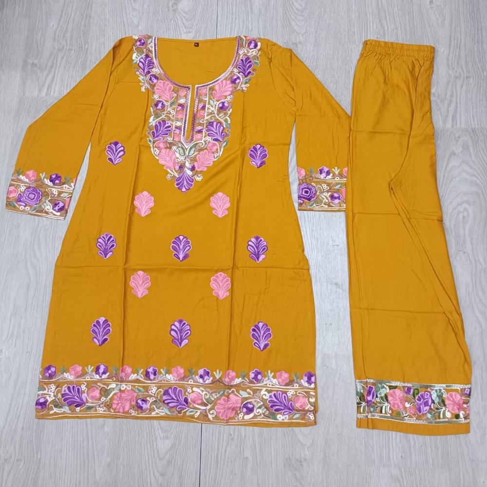 Mustard Yellow Embroidered Kurti & Pant Set