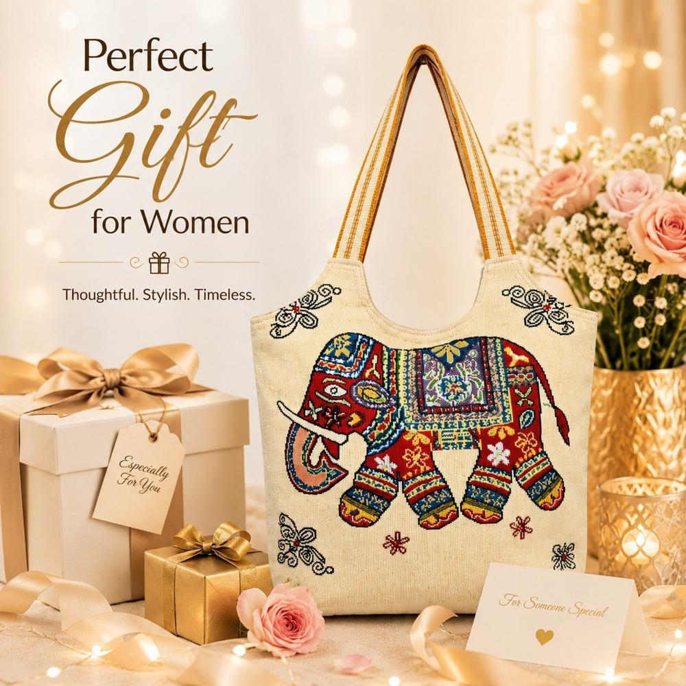 Elephant Print Woven Tote Bag