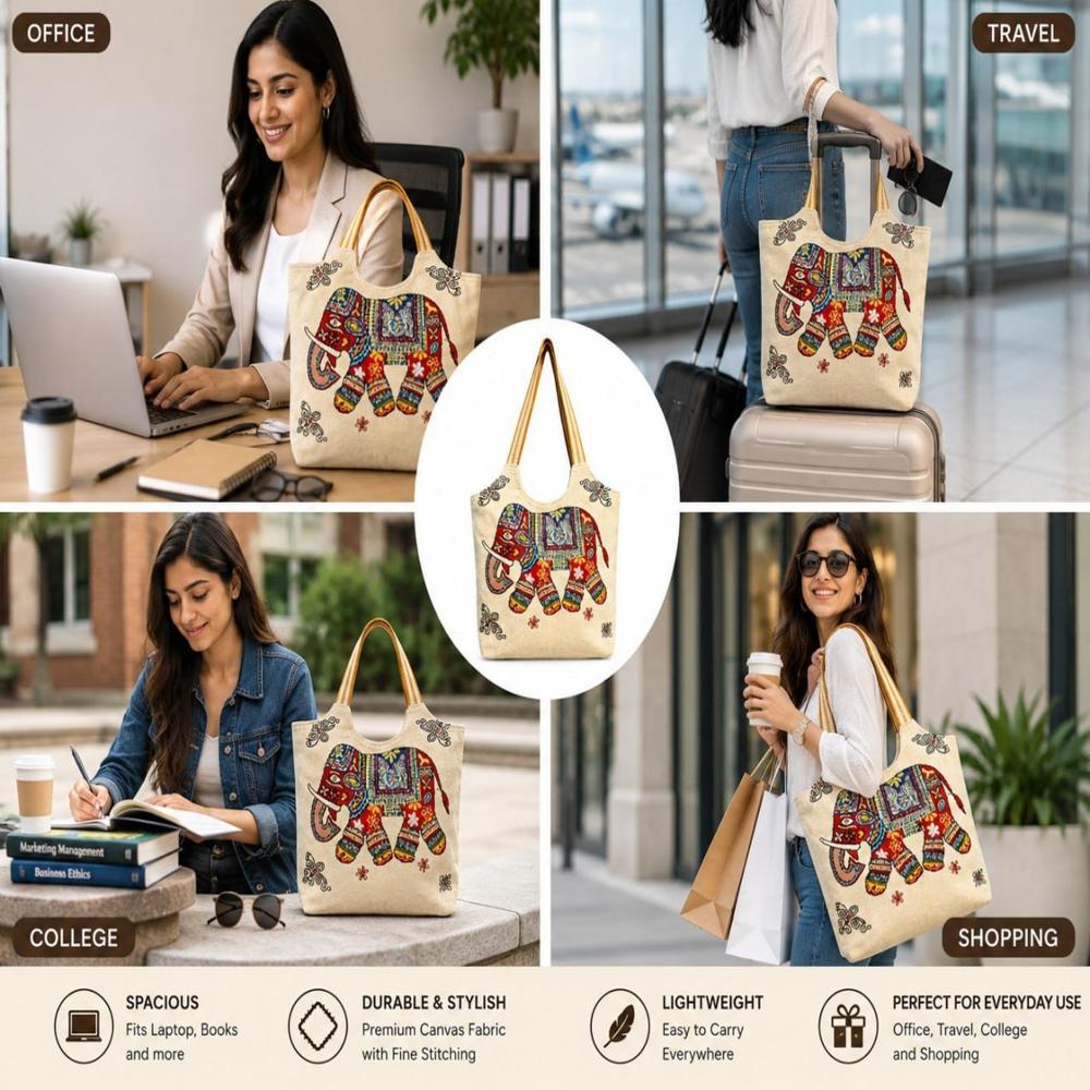 Elephant Print Woven Tote Bag