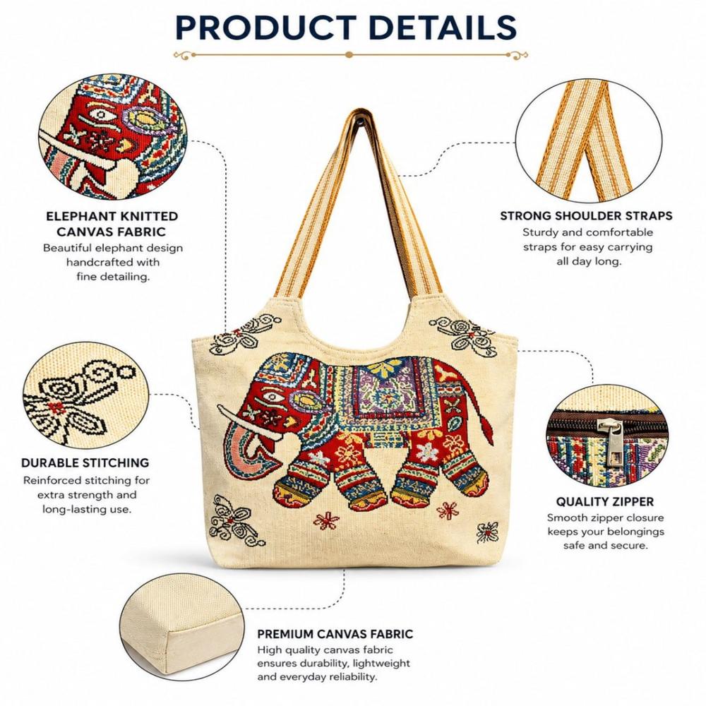Elephant Print Woven Tote Bag