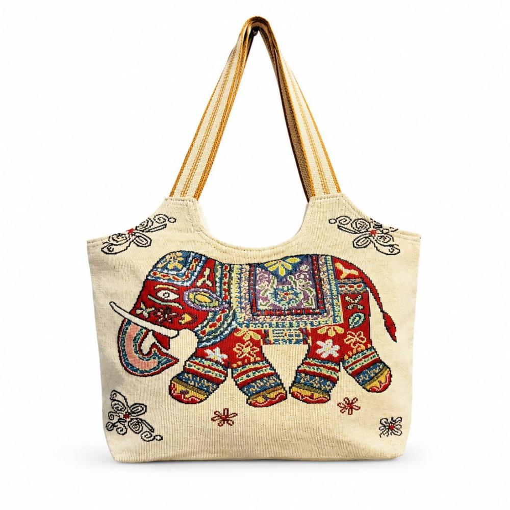 Elephant Print Woven Tote Bag