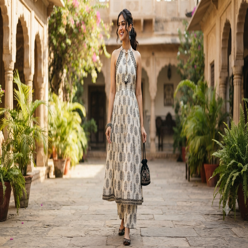 Ivory Black Halter Kurti