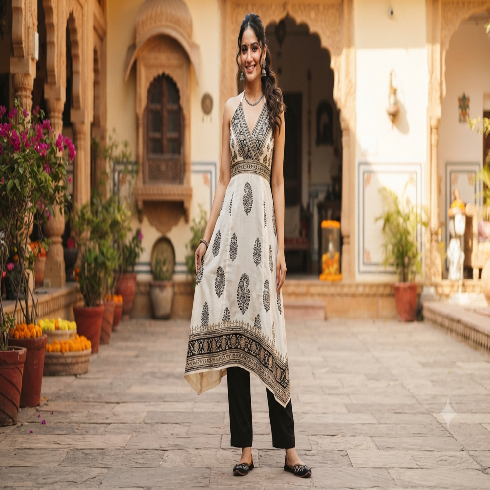 Ivory Black Halter Kurti