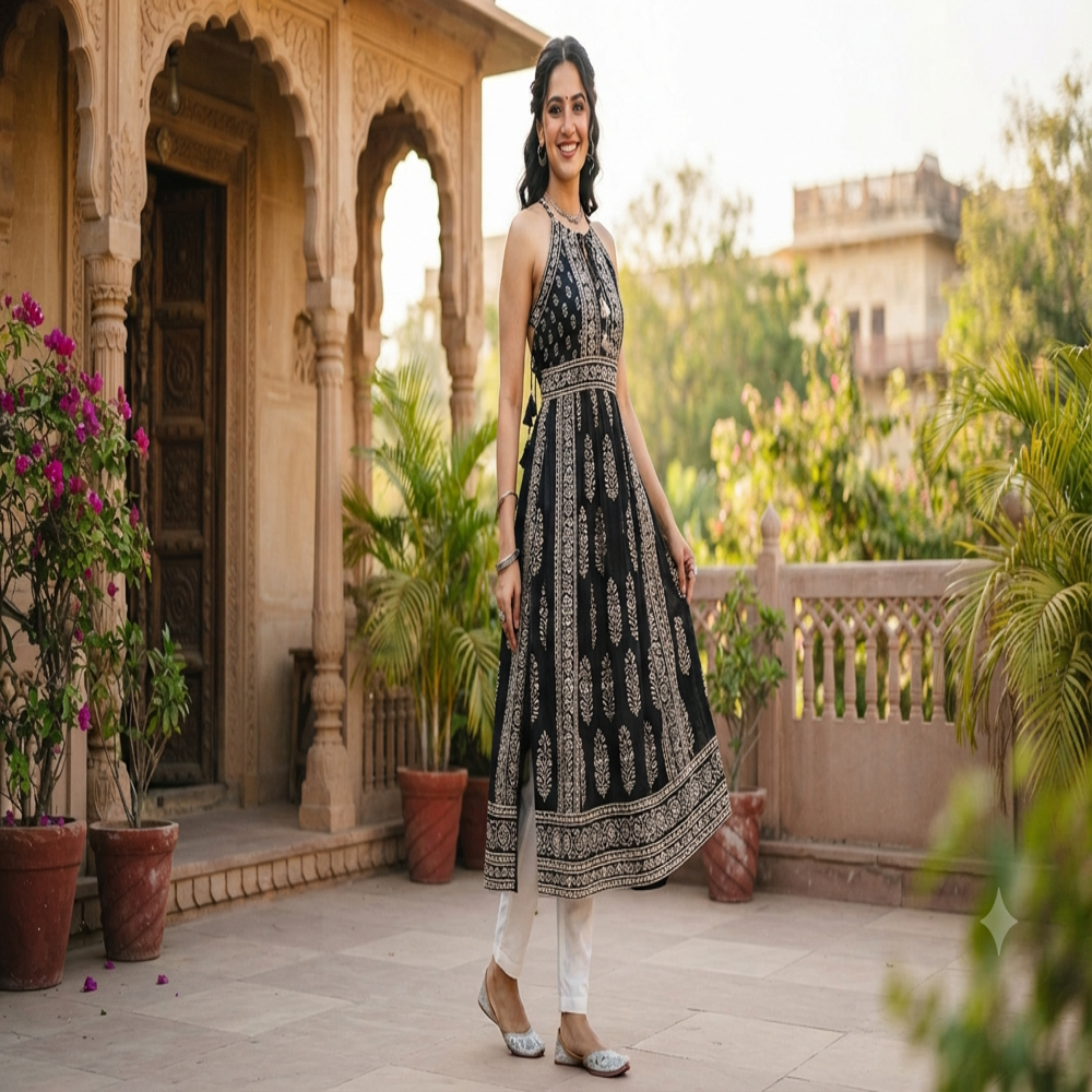 Ivory Black Halter Kurti