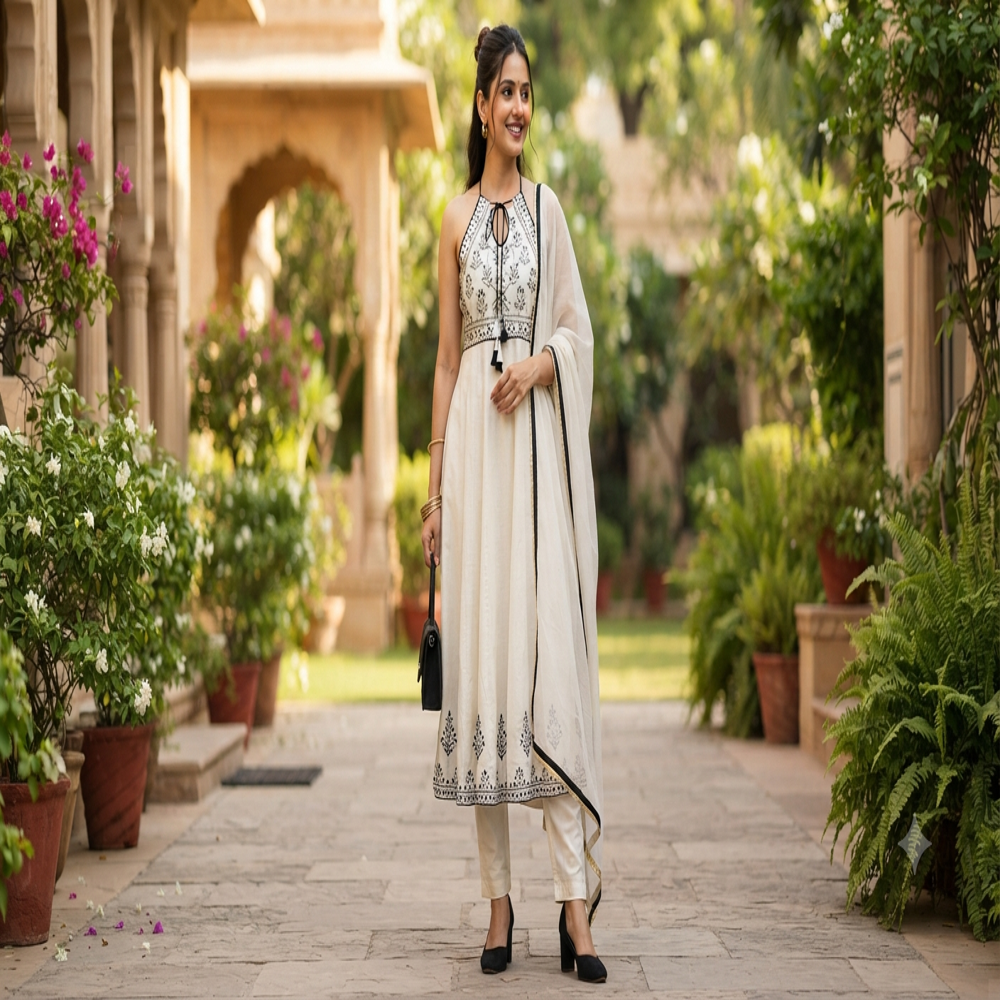 Ivory Black Halter Kurti