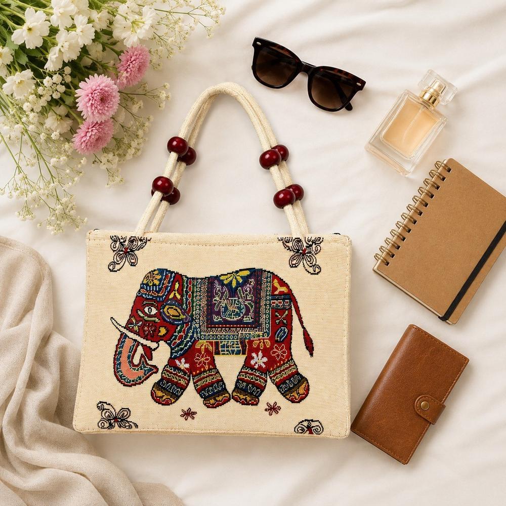 Elephant Print Woven Handbag