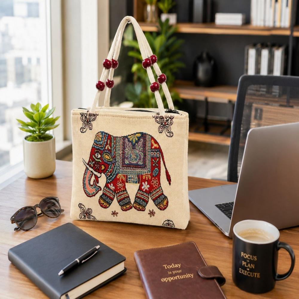 Elephant Print Woven Handbag