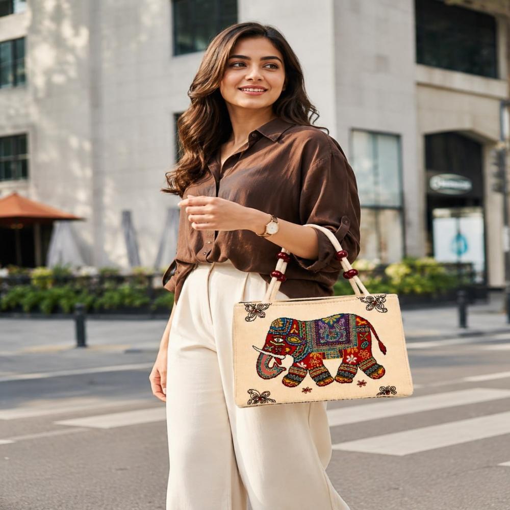 Elephant Print Woven Handbag