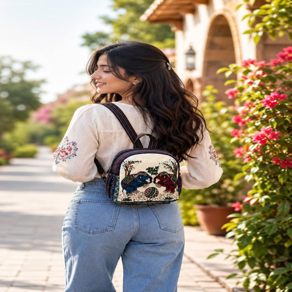 Elephant Print Woven Mini Backpack