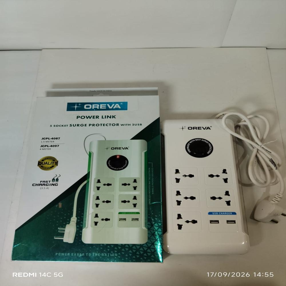 OREVA Power Link 5 Socket Surge Protector | Extension Board with 2 USB Ports