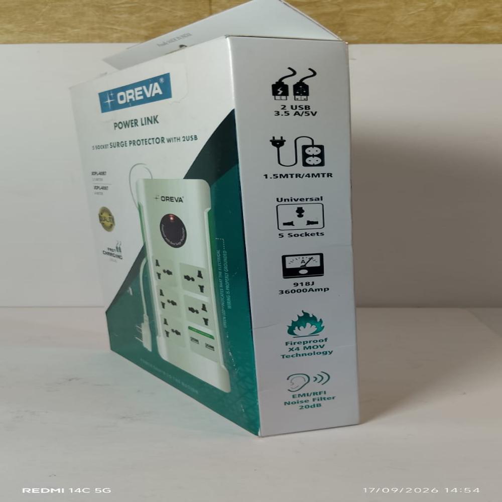 OREVA Power Link 5 Socket Surge Protector | Extension Board with 2 USB Ports