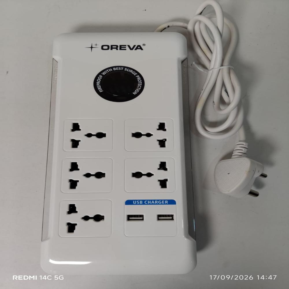 OREVA Power Link 5 Socket Surge Protector | Extension Board with 2 USB Ports