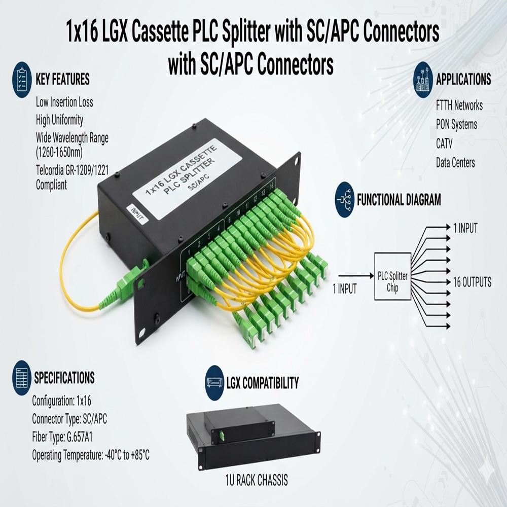 1x16 LGX cassette Planar Lightwave Circuit (PLC) splitter with SC/APC connectors