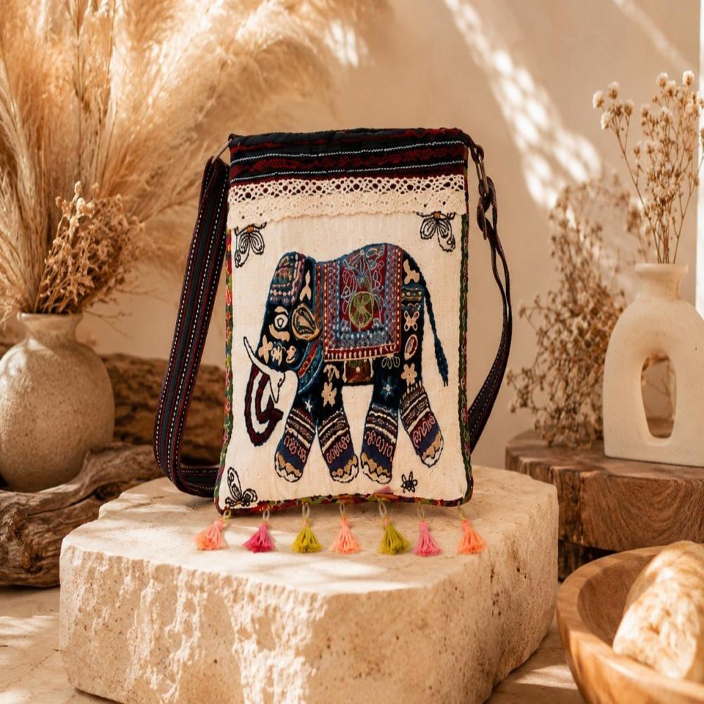 Elephant Print Woven Sling Bag