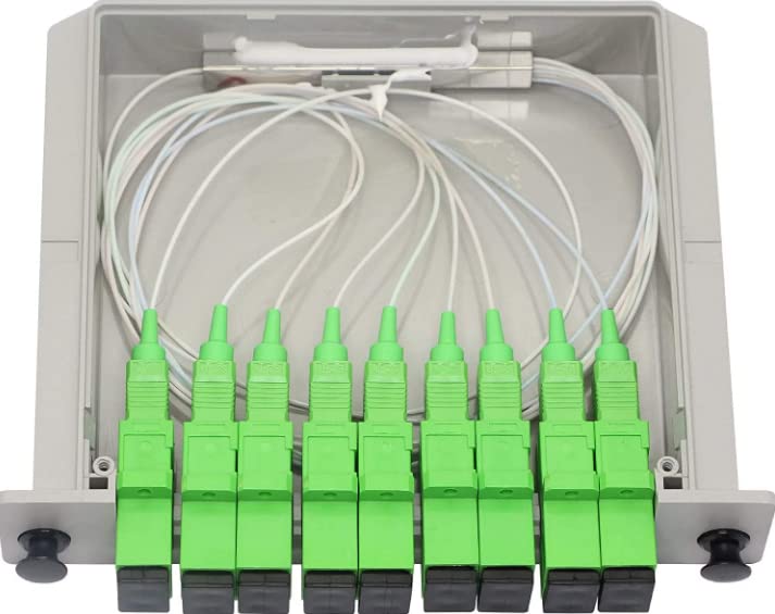 1x8 LGX cassette Planar Lightwave Circuit (PLC) splitter with SC/APC connectors.
