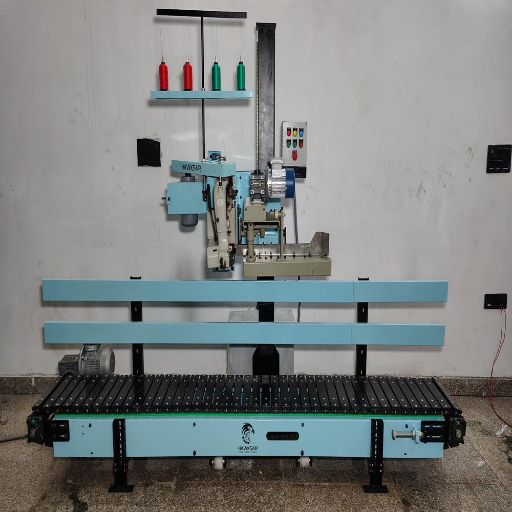Automatic Bag Closing Machine With Conveyor - Heavy Duty Steel, 2000x650x1400 Mm, Green & Grey | Double Needle Stitching, Auto Lubrication, Low Noise