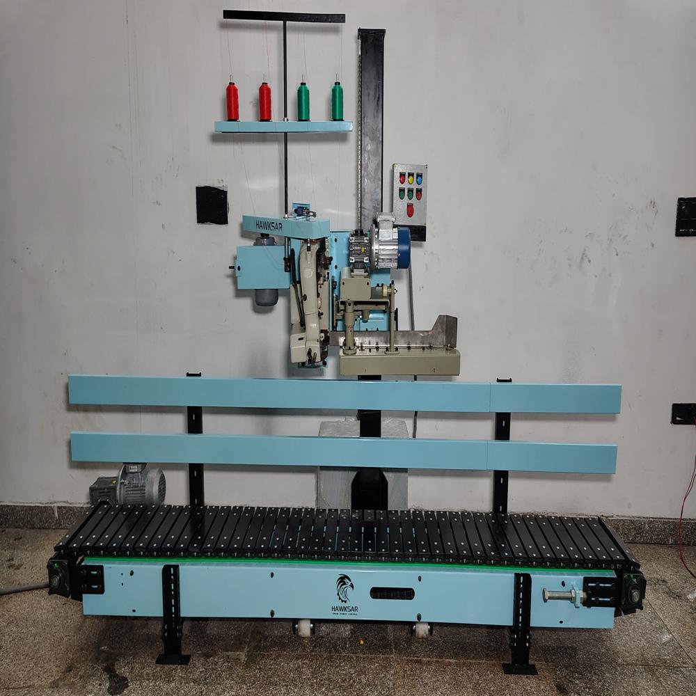 Automatic Bag Closing Machine With Conveyor - Heavy Duty Steel, 2000x650x1400 Mm, Green & Grey | Double Needle Stitching, Auto Lubrication, Low Noise
