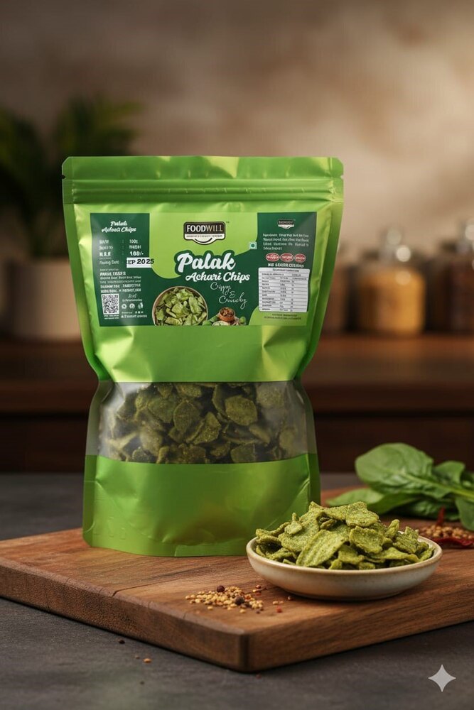 Palak Achari Chips - Baked Palak Snack | 24 Days Shelf Life, Convenient Bottle Packaging