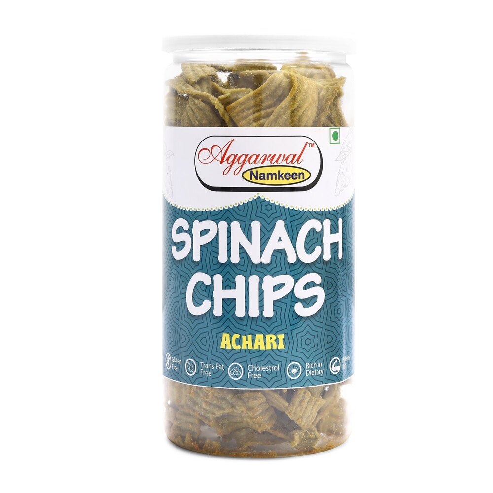 Palak Achari Chips - Baked Palak Snack | 24 Days Shelf Life, Convenient Bottle Packaging