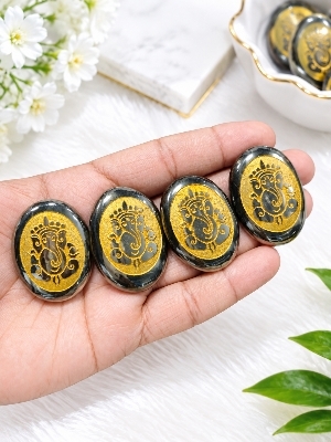 Ganesha Black Gold Engraved Stone - Material: Crystal