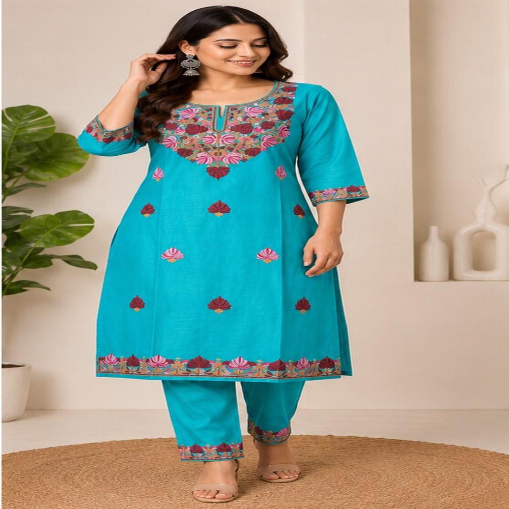 Turquoise Floral Printed & Embroidered Straight Kurta Pant Set