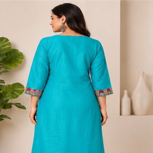 Turquoise Floral Printed & Embroidered Straight Kurta Pant Set