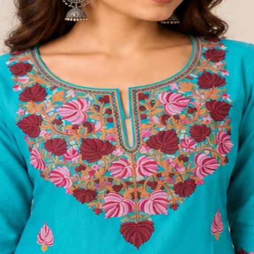 Turquoise Floral Printed & Embroidered Straight Kurta Pant Set
