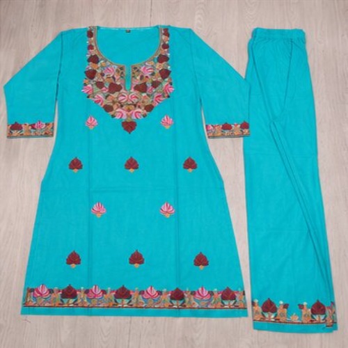 Turquoise Floral Printed & Embroidered Straight Kurta Pant Set