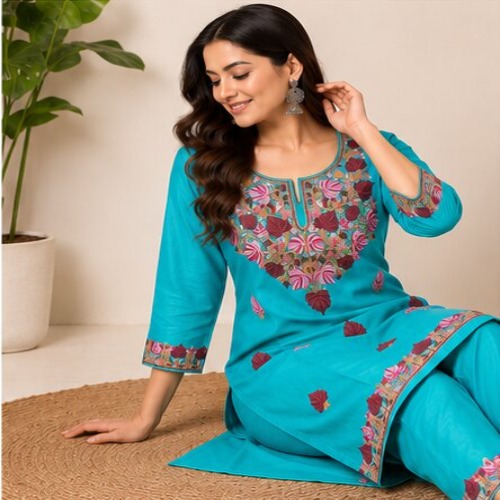 Turquoise Floral Printed & Embroidered Straight Kurta Pant Set