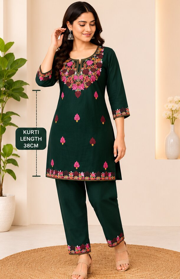 Bottle Green Floral Embroidered Straight Kurta with Matching Pant Set