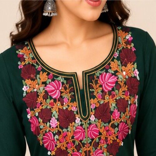 Bottle Green Floral Embroidered Straight Kurta with Matching Pant Set