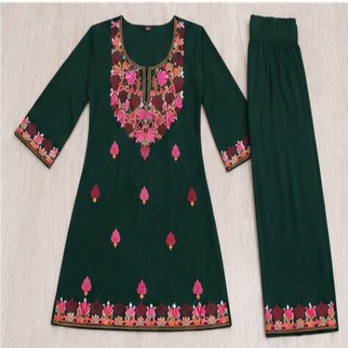 Bottle Green Floral Embroidered Straight Kurta with Matching Pant Set