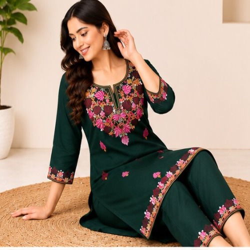 Bottle Green Floral Embroidered Straight Kurta with Matching Pant Set