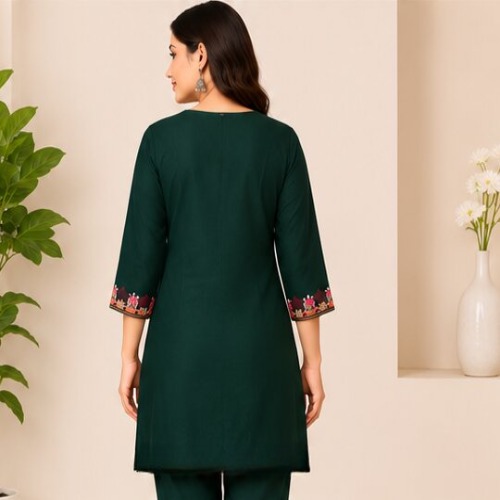 Bottle Green Floral Embroidered Straight Kurta with Matching Pant Set