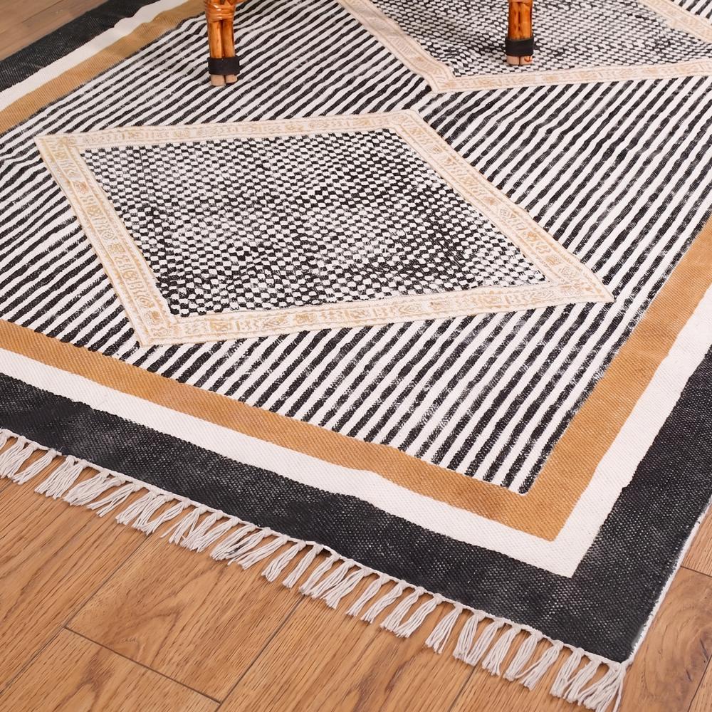 Handmade Cotton Rug Block Printed Flat Weave Washable Area Rug - Color: Yellow Mustard