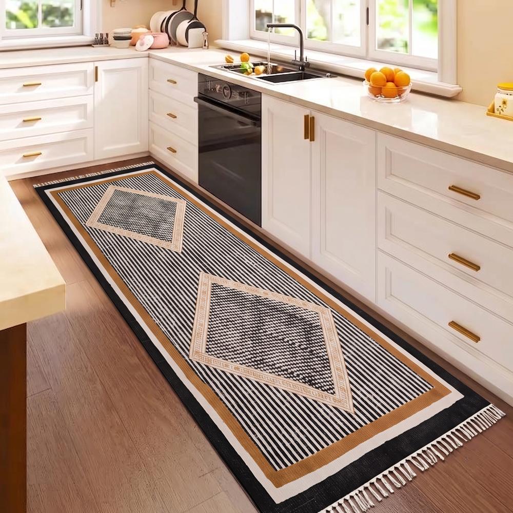 Handmade Cotton Rug Block Printed Flat Weave Washable Area Rug