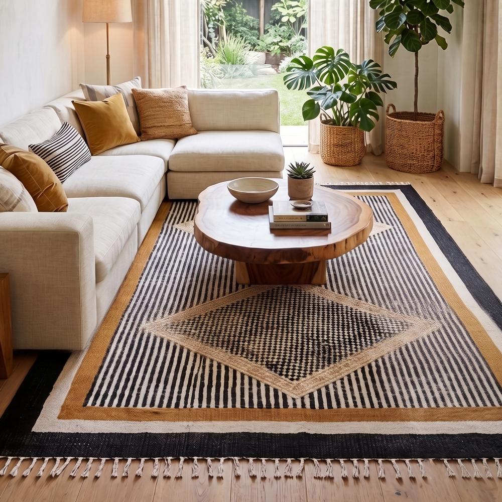 Handmade Cotton Rug Block Printed Flat Weave Washable Area Rug