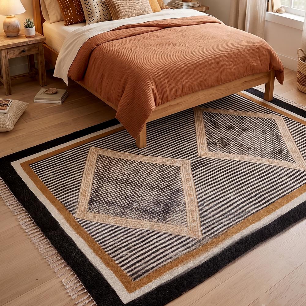 Handmade Cotton Rug Block Printed Flat Weave Washable Area Rug