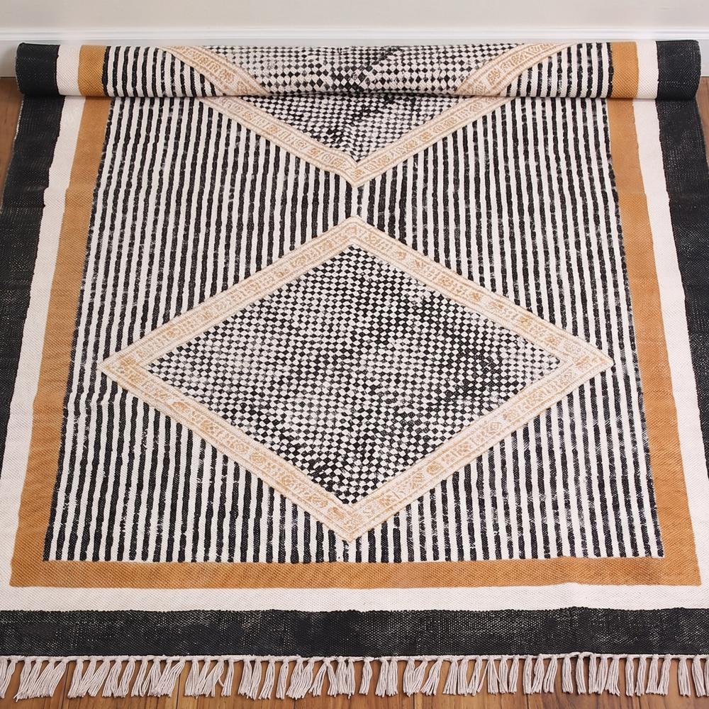 Handmade Cotton Rug Block Printed Flat Weave Washable Area Rug