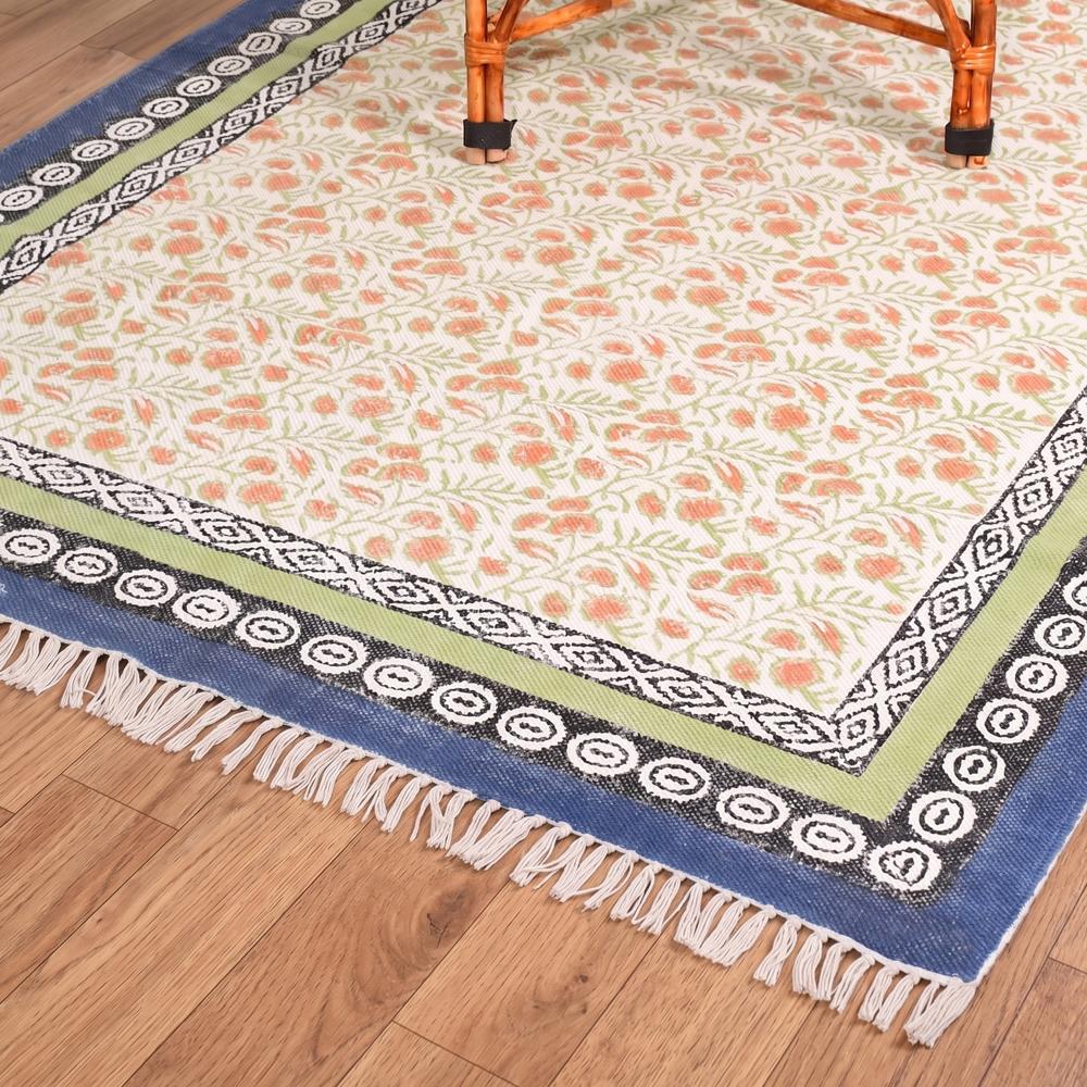 Cotton Floral Rugs Hand Block Printed Handmade Rugs For Home Decor - Color: Yellow Blue Green